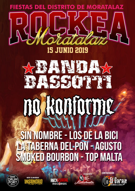 Cartel de Rockea Moratalaz, con banda Bassotti, No Konforme, La taberna del pon, smoked bourbon, top malta, agusto, los de la bici y sin nombre.