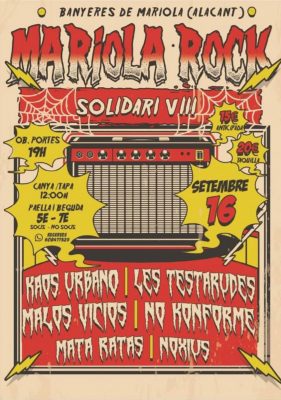 Cartel del Mariola Rock Solidari, fesival solidario de Banyeres de Mariola con las bandas Kaos Urbano, Les Testarudes, Malos Vicios, No Konforme, Noxius y MataRatas.