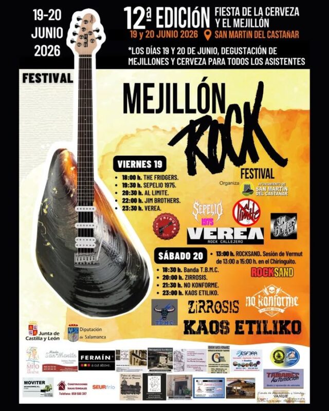 Cartel Mejillon Rock 2026, No Konforme, Kaos Etiliko, Zirrosis y TBMC en San Martin del Castañar el 20 de Junio de 2026